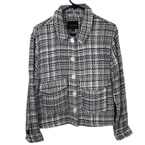 STOOSH blue tweed plaid jacket w/ pearly shell buttons size Medium professional